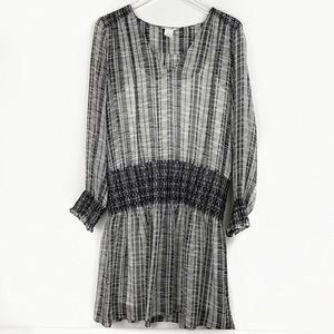 Club Monaco Silk Mini Dress black and white shirred waist long sleeves size 8